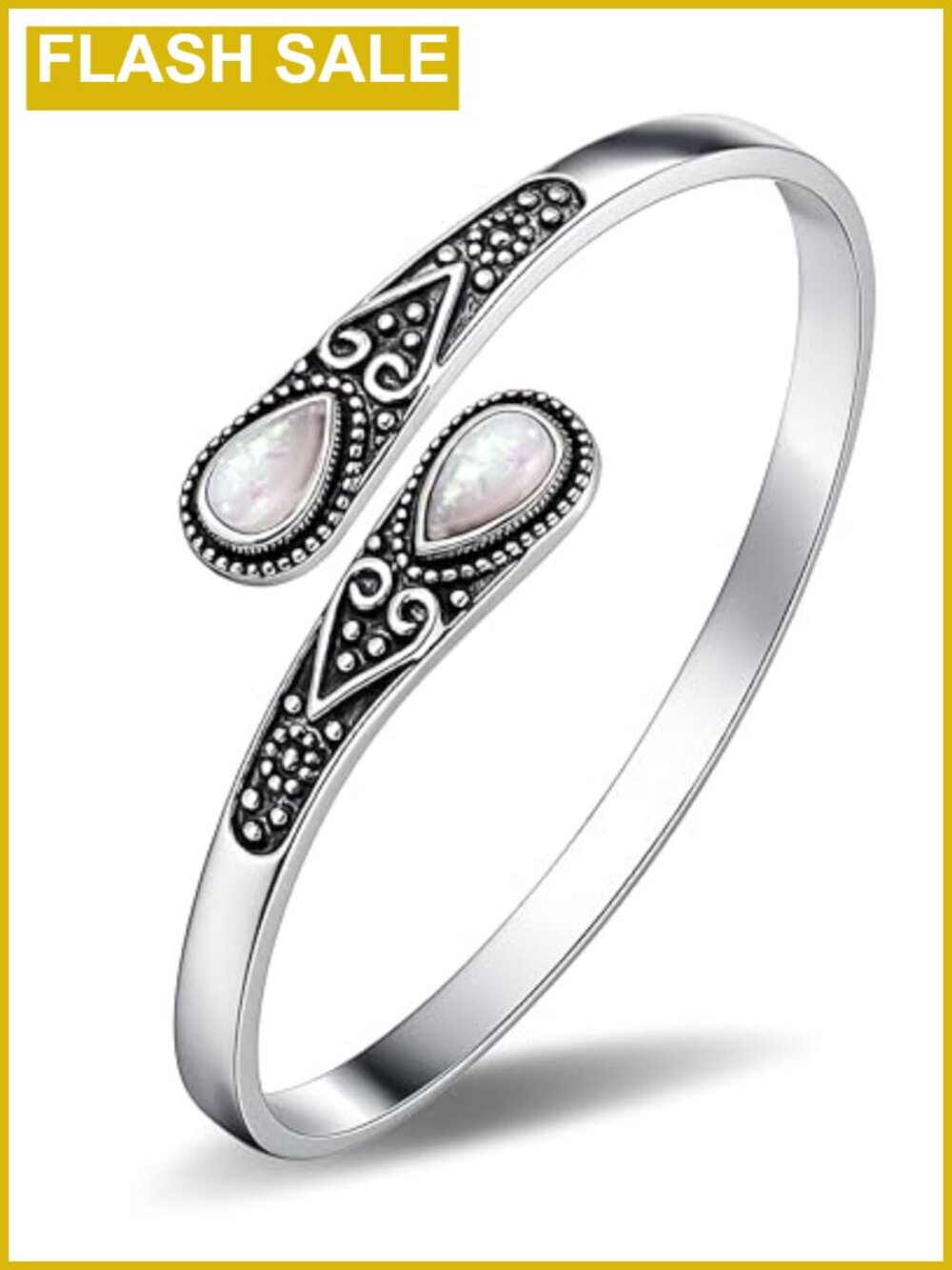 Sterling Silver Plated Opal Cuff Bracelet Vintage Engraved Adjustable Bangle